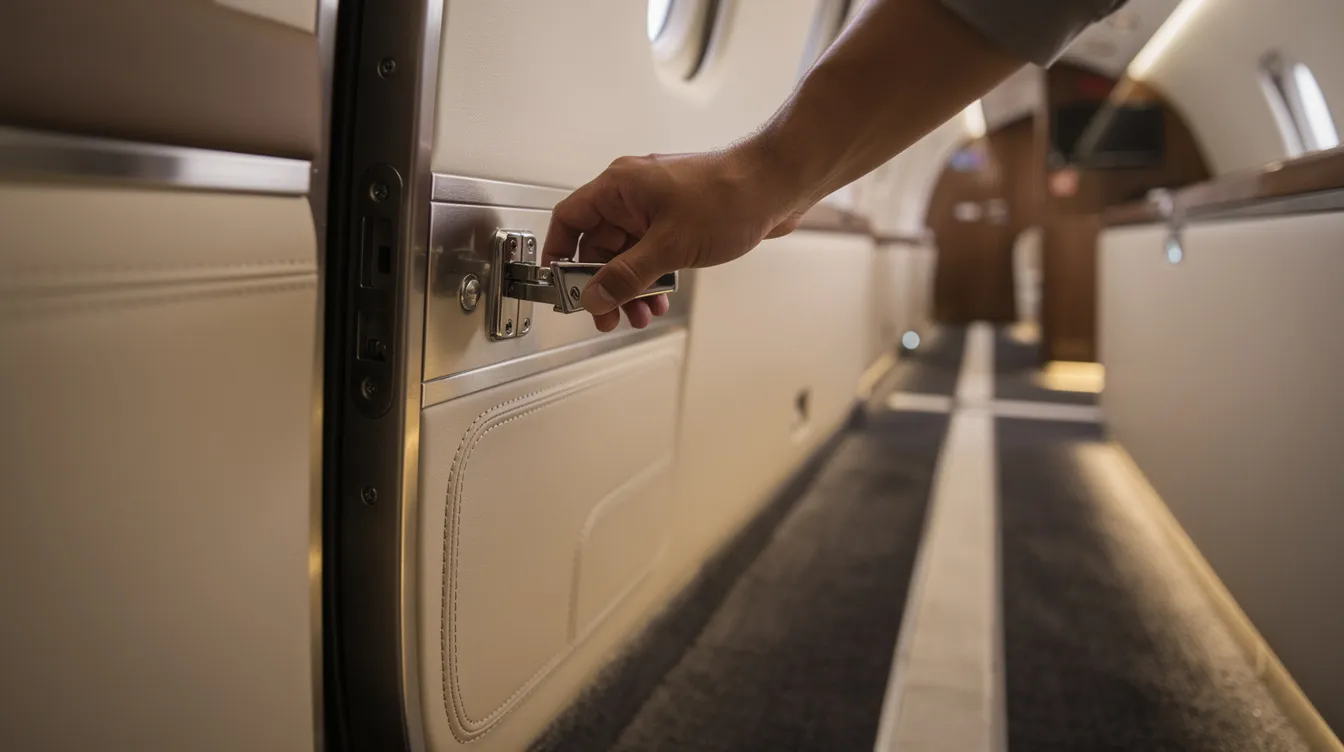 A close-up view captures the polished interior fixtures of a private aircraft cabin as the door is being closed, revealing a carpeted aisle that enhances the luxurious atmosphere for business class travelers. The image conveys a sense of exclusivity and comfort, reminiscent of premium business class offerings on international flights.
