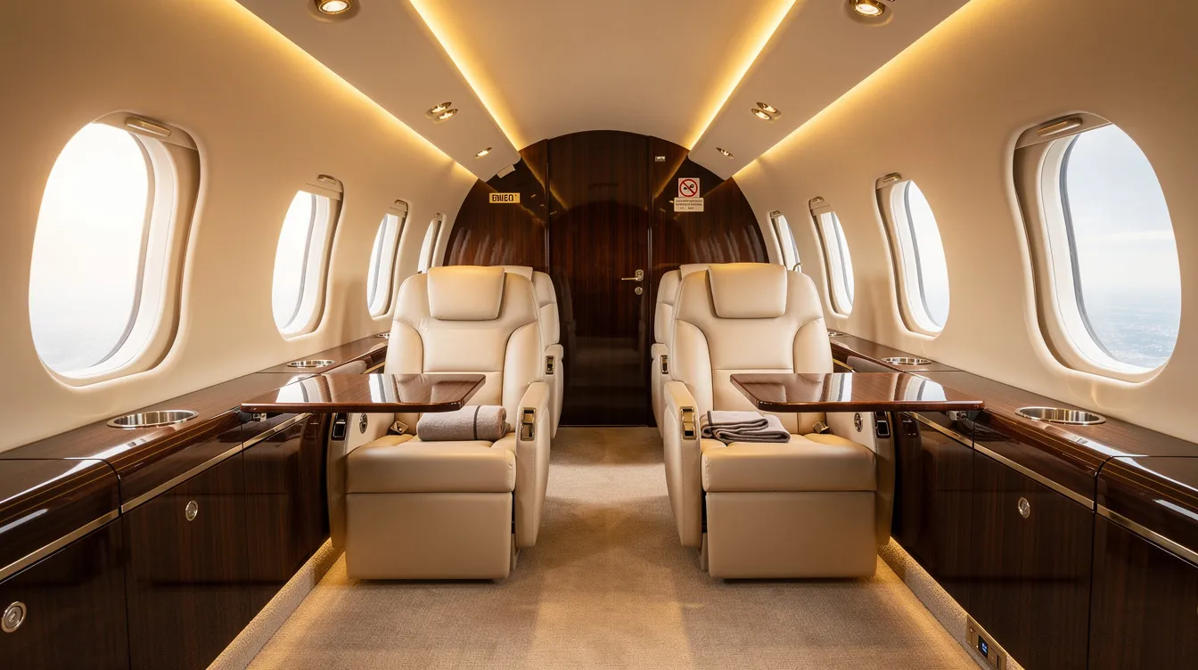 The image depicts the interior of a spacious private jet cabin featuring cream leather seats, soft ambient lighting, and polished wood finishes, creating a luxurious environment for business class travelers. The layout allows for direct aisle access and ample personal space, ideal for long haul flights.