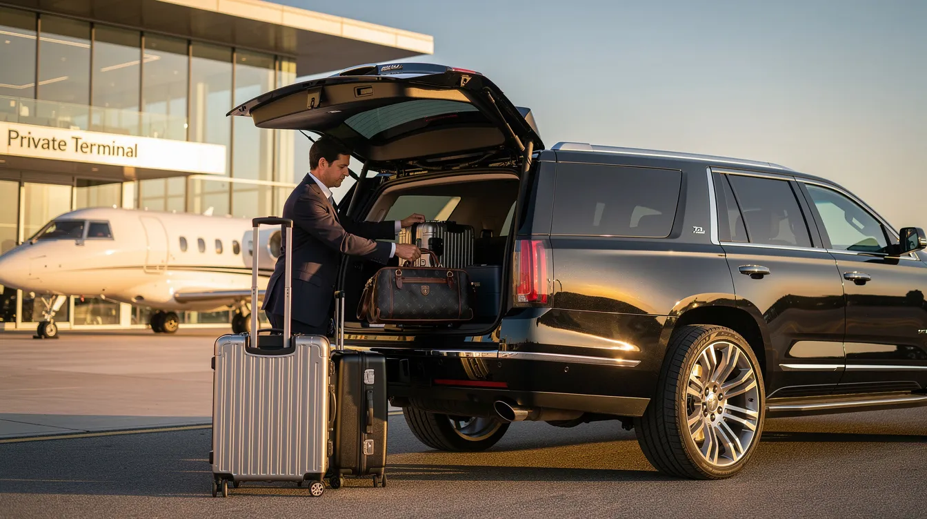 A luxury black SUV is parked outside a private aviation terminal, where luggage is being loaded into the vehicle. The scene suggests a seamless transition for passengers as they prepare for their flight, highlighting the convenience of private air travel.