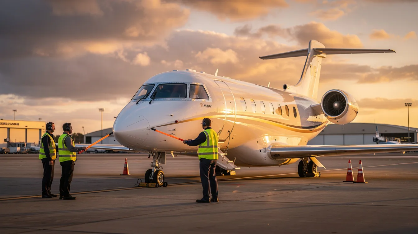 A sleek private jet is parked on the tarmac during golden hour, with warm golden light illuminating its polished surface. Ground crew members are nearby, attending to the aircraft, which is designed to maximize efficiency and safety with its various weight standards and operating equipment.