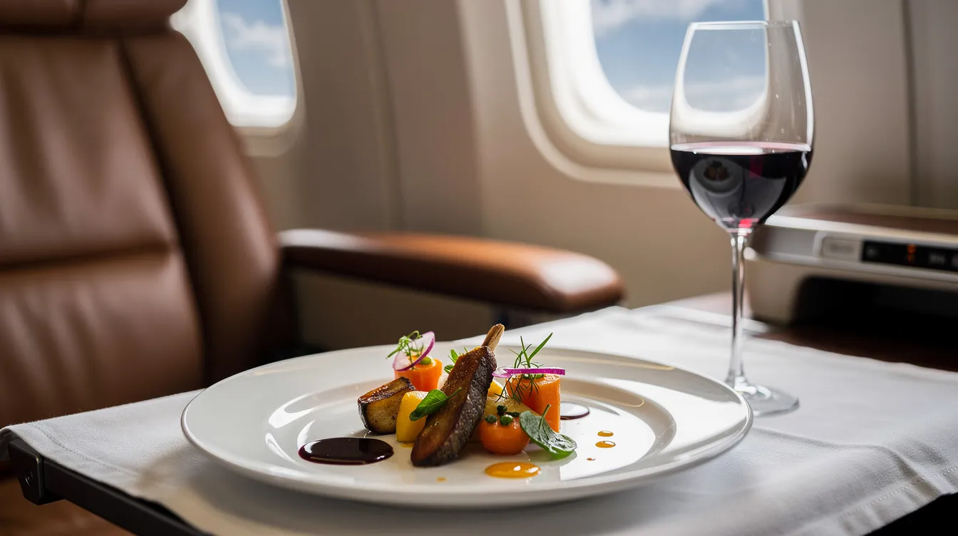 An elegantly plated gourmet meal is beautifully arranged on a white plate, accompanied by a glass of wine, set on a tray table inside a Delta One business class cabin. The image captures the luxurious dining experience that business class passengers enjoy while flying Delta, complete with mood lighting and a sophisticated atmosphere.