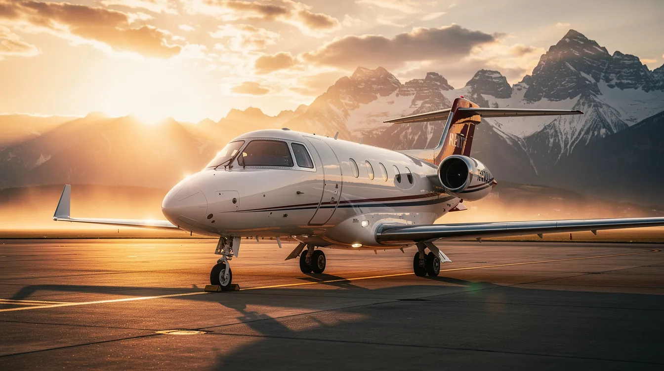 A small private jet is parked on a tarmac at sunset, with a stunning mountain range visible in the background. The scene captures the tranquility of the evening, highlighting the sleek design of the jet against the colorful sky.