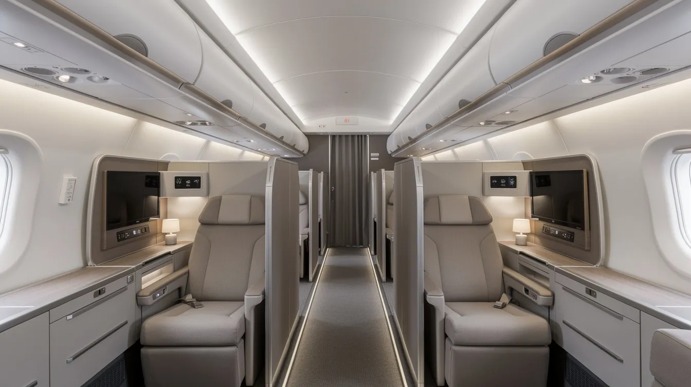The image depicts the interior of a Delta One cabin featuring rows of spacious business class suites, each equipped with sliding privacy doors for enhanced comfort. Overhead bins are visible, and the luxurious design includes mood lighting, direct aisle access, and amenities such as mattress pads and tray tables for business class passengers on long-haul flights.