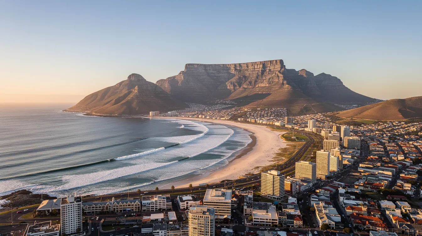 An aerial view captures the stunning coastline of Cape Town, with the iconic Table Mountain rising majestically in the background against the vast ocean. The scene showcases the natural beauty of the region, highlighting the interplay between land and sea.