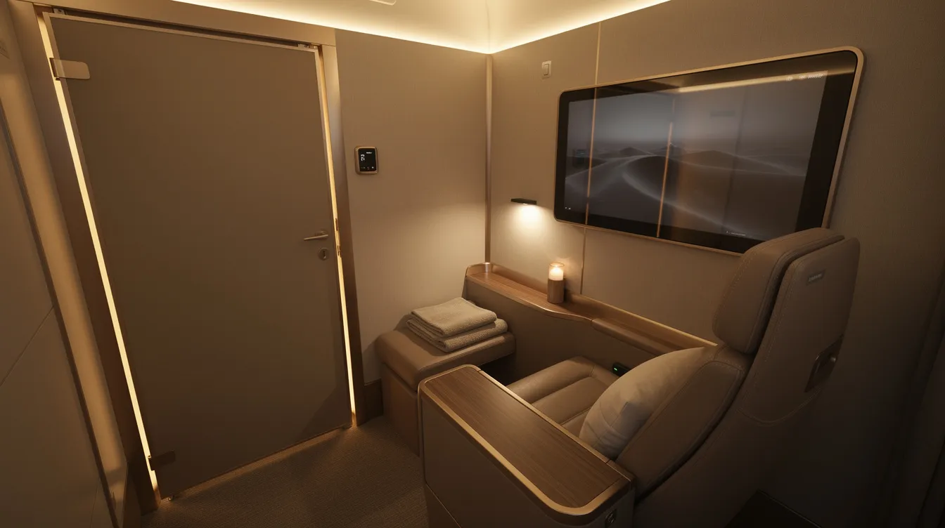 The image depicts a luxurious Qatar Airways business class suite with a closed privacy door, featuring warm ambient lighting that creates an inviting atmosphere. Inside, the suite showcases a spacious business class seat with direct aisle access, a tray table, and a reading lamp, perfect for an enhanced in-flight dining experience.