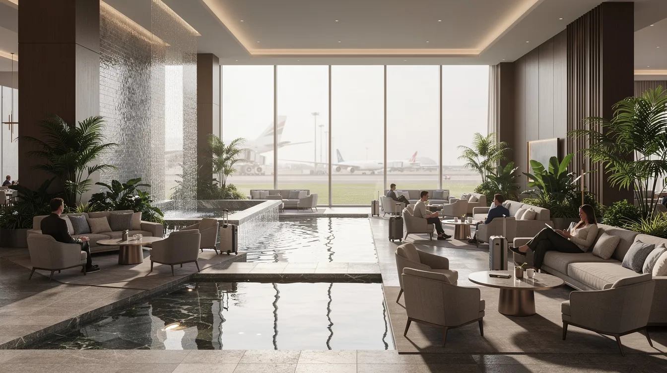 The image depicts an elegant airport lounge interior featuring soothing water features and abundant natural light, complemented by comfortable seating areas designed for relaxation. This luxurious space offers an inviting atmosphere for travelers flying business class, enhancing their overall airport experience.