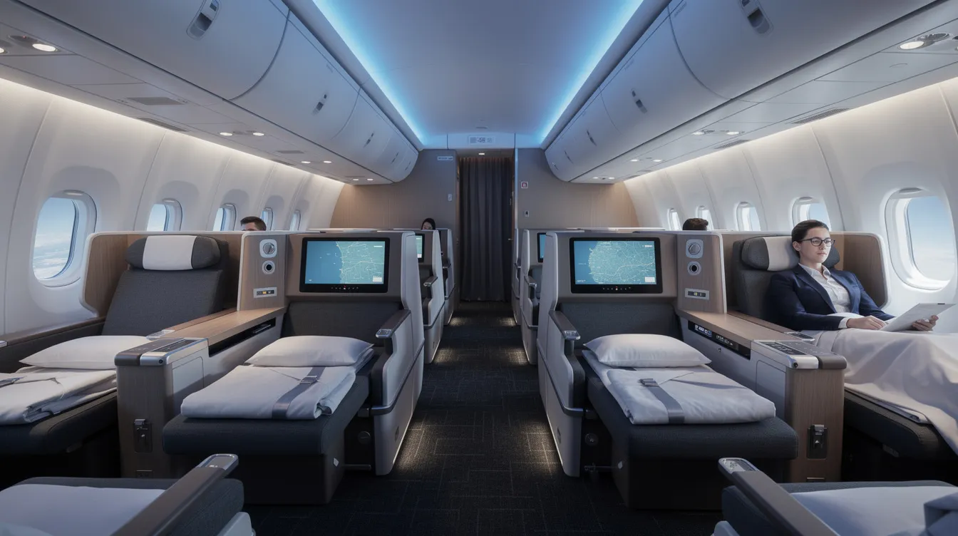 The image depicts a spacious modern business class cabin featuring lie-flat seats with soft blue mood lighting, designed for a luxurious flying experience. Each seat offers direct aisle access and is equipped with an advanced entertainment system, ensuring comfort and convenience during long-haul flights with Qatar Airways.