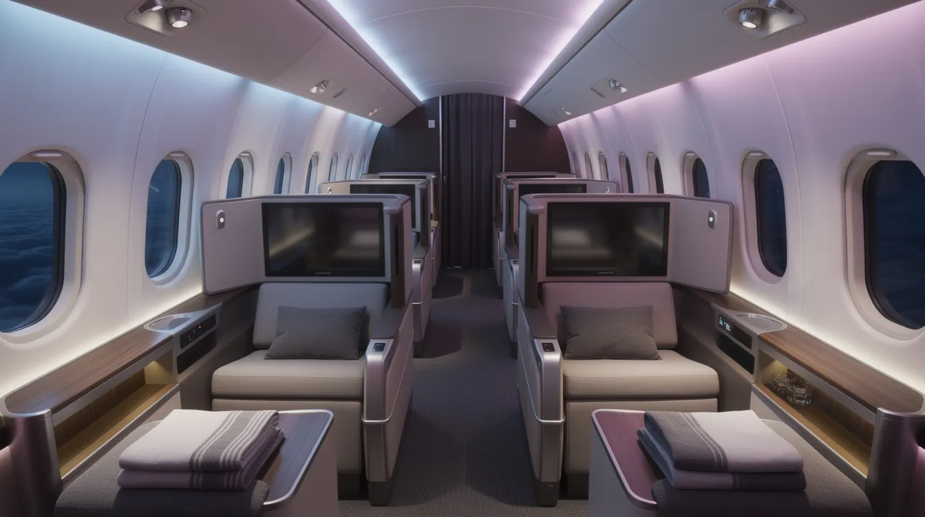 The image depicts the interior of a modern widebody aircraft cabin featuring lie-flat business class seats, elegantly arranged under soft ambient lighting. This luxurious setting highlights the benefits of flying with Delta Air Lines, providing a comfortable experience for passengers on their flights.