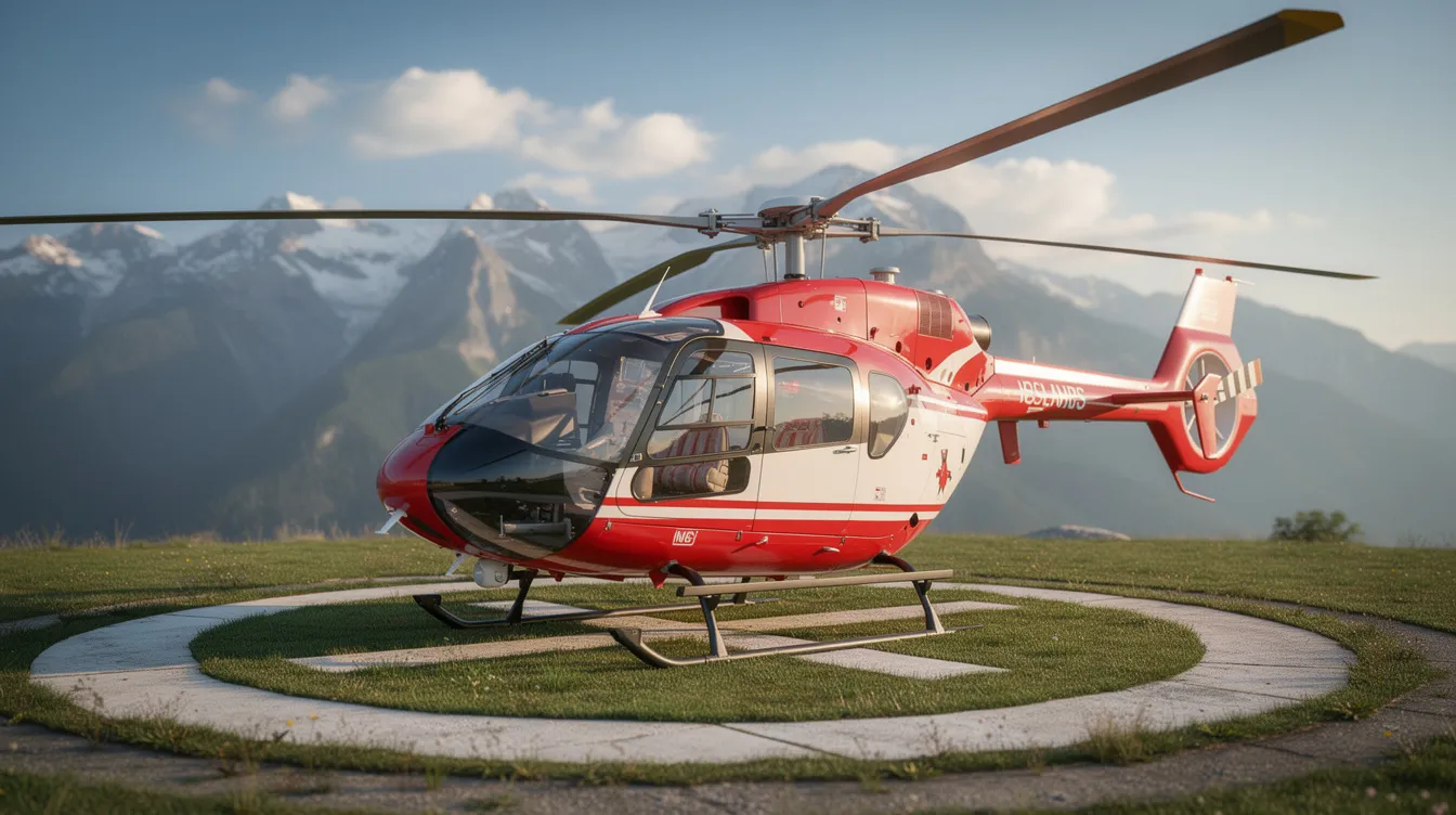 A close-up view of a red and white Robinson R44 Raven II helicopter is parked on a grassy helipad, set against a stunning mountain backdrop. The aircraft features a two-bladed rotor system and is equipped with skid landing gear, ready for various applications such as flight training and sightseeing tours.