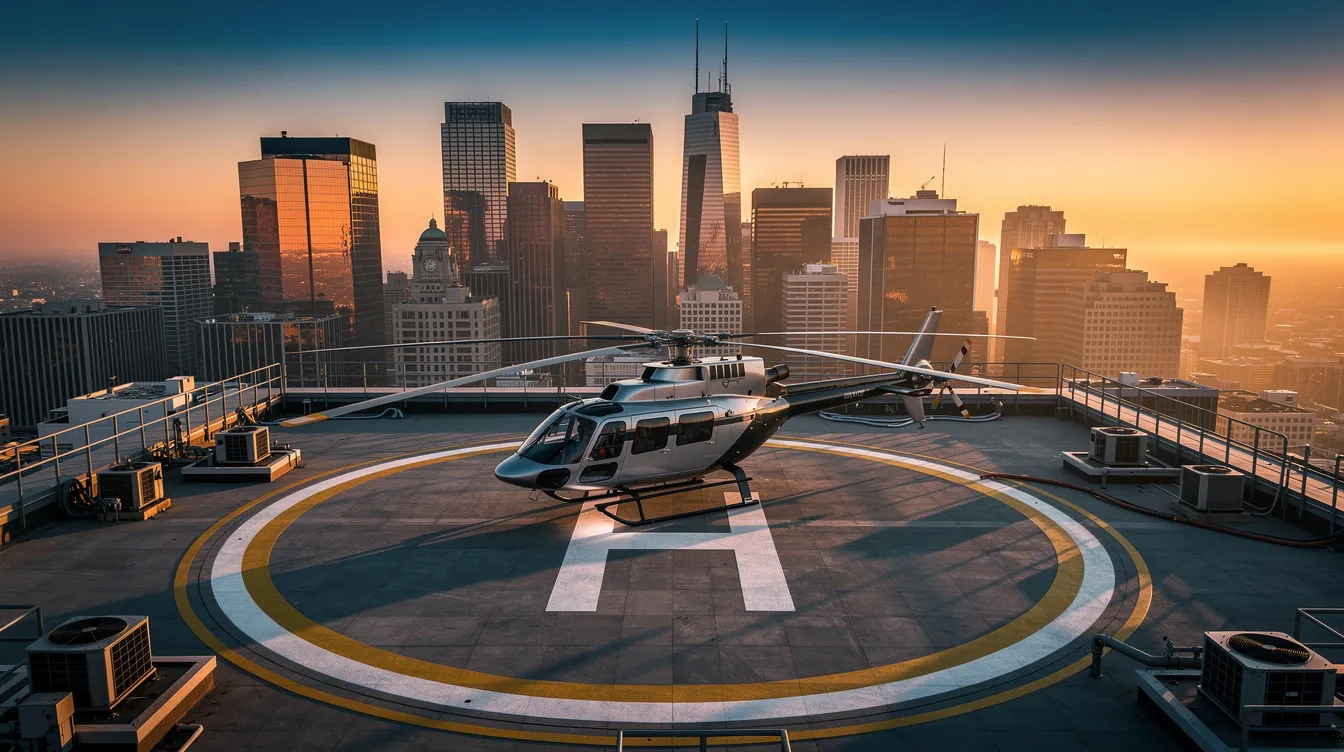 A Robinson R44 Raven II helicopter is parked on an urban rooftop helipad, with a stunning city skyline illuminated by the warm hues of sunset in the background. The scene captures the aircraft's sleek design, including its two-bladed rotor system and skid landing gear, highlighting its capabilities for various applications such as flight training and sightseeing tours.