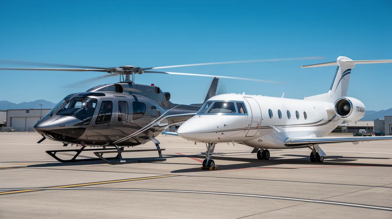 The image depicts a helicopter, specifically a Robinson R44 Raven II, parked alongside a sleek private jet on an airport tarmac, all set against a clear blue sky. Both aircraft are positioned to showcase their design and features, with the helicopter's skid landing gear and the jet's streamlined fuselage clearly visible.