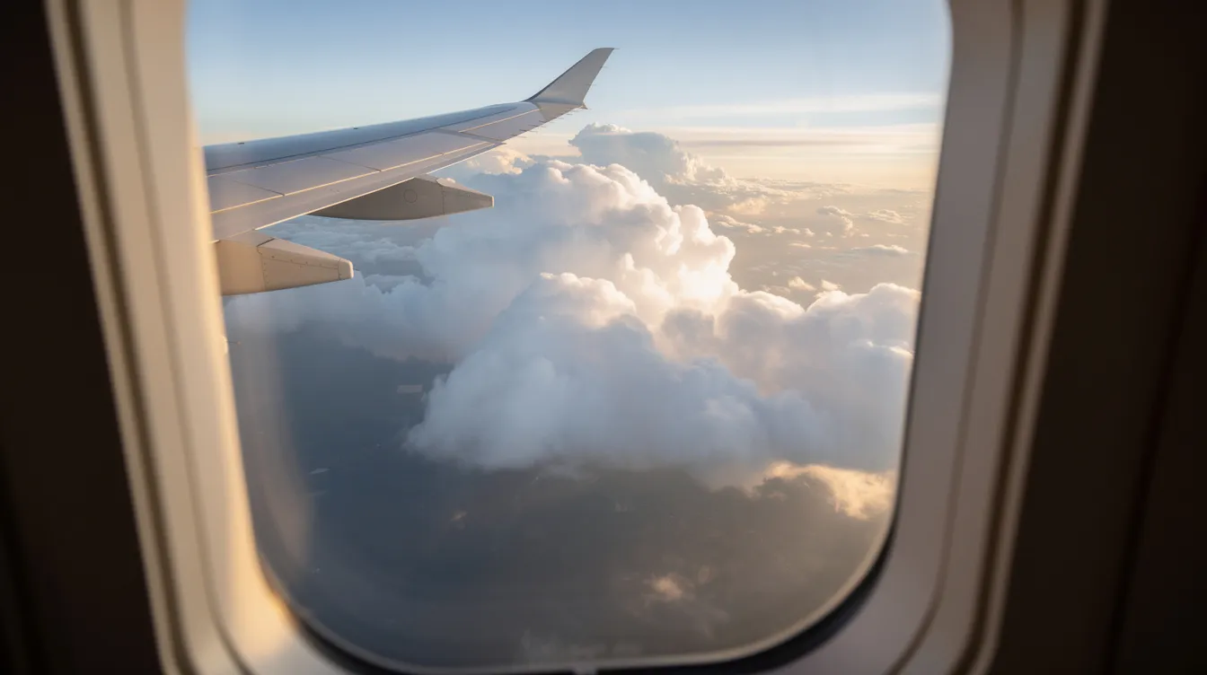 The image shows an aircraft wing viewed from a passenger window, soaring above a dramatic layer of fluffy clouds, highlighting the beauty of air travel. This perspective emphasizes the aviation industry's commitment to safety and the breathtaking views passengers can enjoy during their journey.