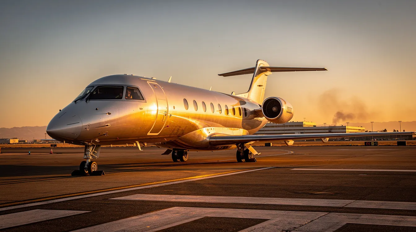 A sleek modern private jet sits on a runway, illuminated by warm golden hour sunlight during sunset, symbolizing the luxury of air travel. This scene captures the essence of the aviation industry, highlighting the importance of aviation safety and the meticulous work of flight crews in ensuring safe journeys for passengers.