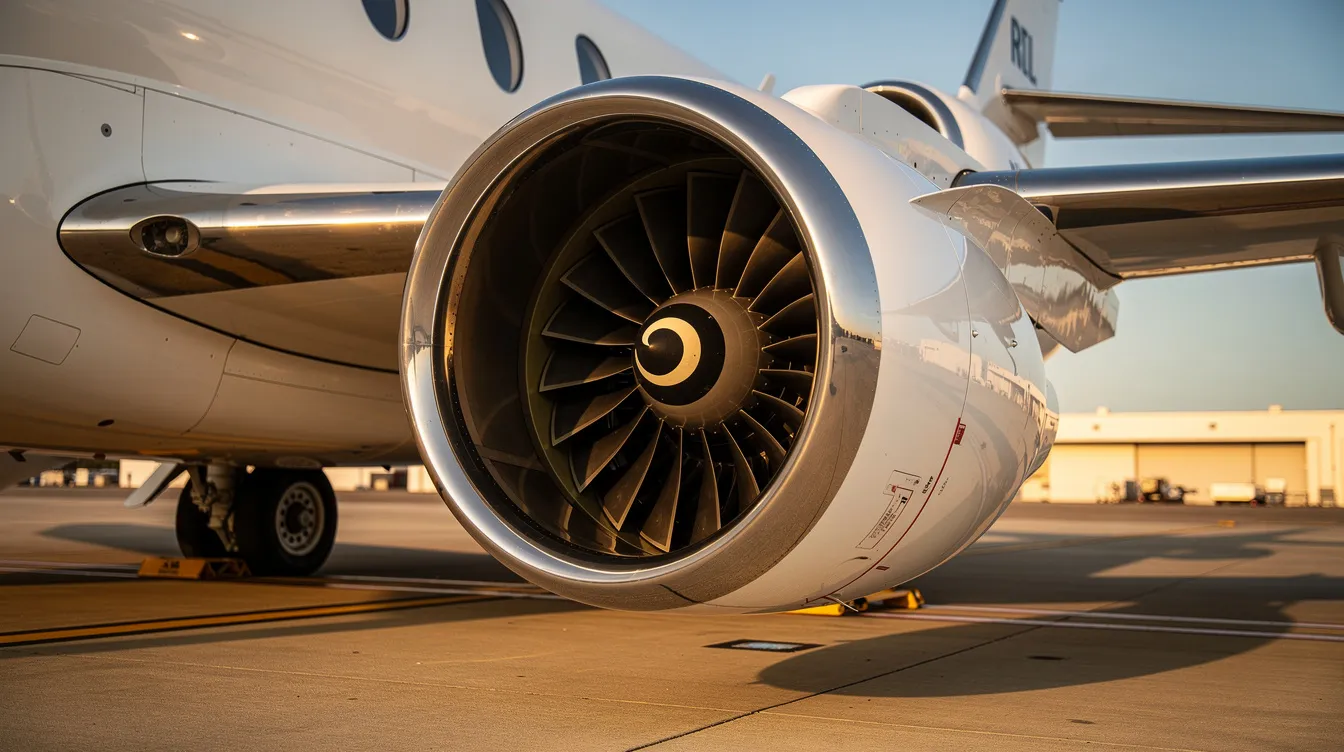 A close-up view of a polished jet engine showcases the intricate design and engineering of private aircraft, emphasizing the importance of aviation safety in air travel. The clean tarmac beneath highlights the professionalism of the aviation industry and the meticulous maintenance required for reliable flights.