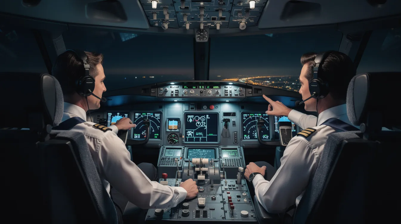 The image shows two pilots in a modern aircraft cockpit, focused on their instruments with illuminated panels, highlighting the importance of aviation safety during flight. This scene emphasizes the critical role of the flight crew in ensuring safe air travel, as they navigate through various weather conditions and maintain communication with air traffic control.