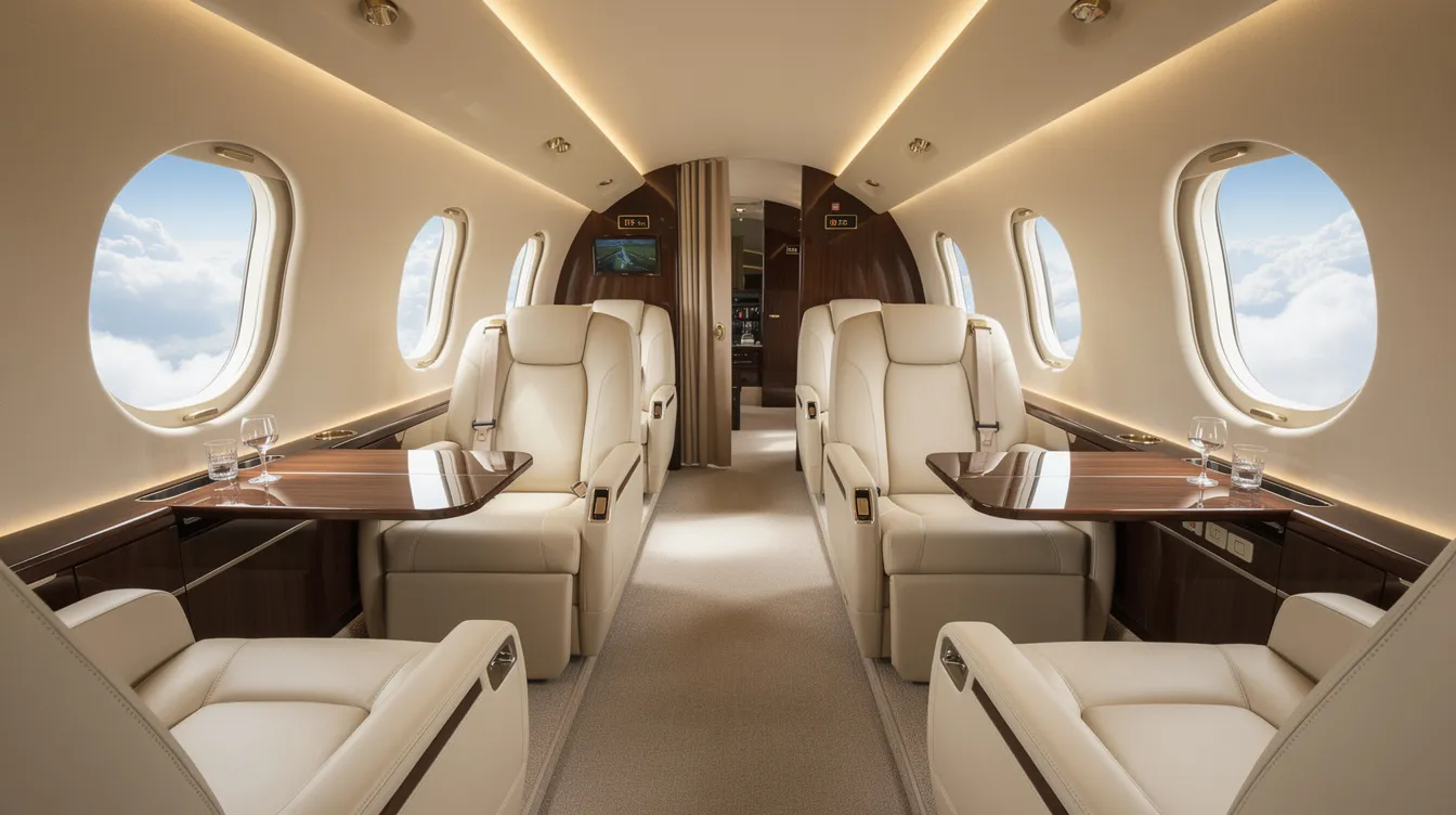 The image depicts a luxurious private jet interior featuring plush cream leather seats, soft ambient lighting, and expansive cabin windows that reveal a view of fluffy clouds outside. This elegant setting contrasts with the high-performance capabilities of military aircraft like the F-35 Lightning II, known for its advanced avionics and stealth technology.