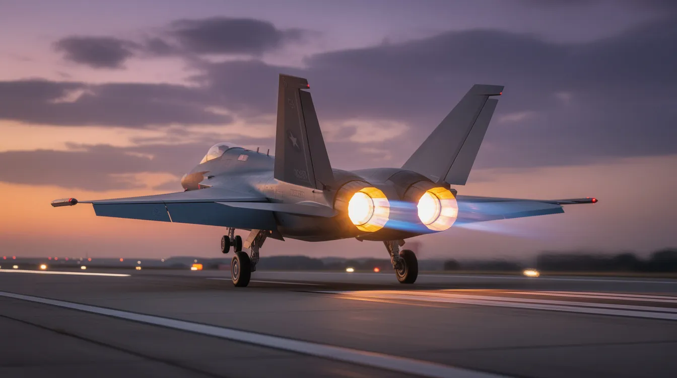 A sleek grey fighter jet, representing advanced air superiority, is taking off from a runway at dusk, with its afterburner glowing brightly. This military aircraft, likely a fifth-generation fighter, showcases its powerful engines and exceptional agility as it ascends into the sky.