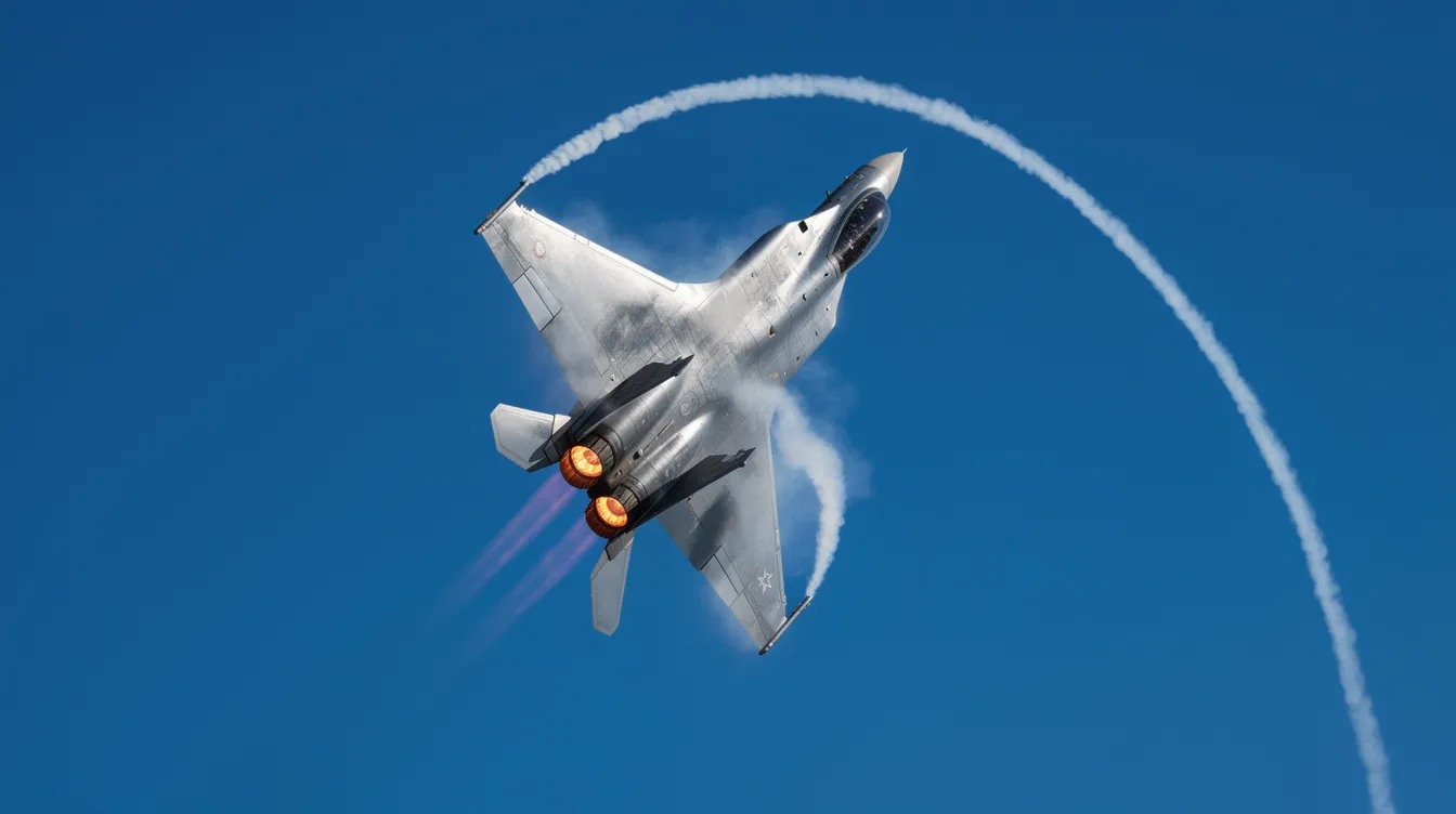 A high-performance military fighter jet, possibly the F-35 Lightning II, is executing a steep climb against a vivid blue sky, leaving behind distinct vapor trails. This scene showcases the aircraft's exceptional agility and capabilities in air combat, highlighting its status as one of the best fighter jets in the world.
