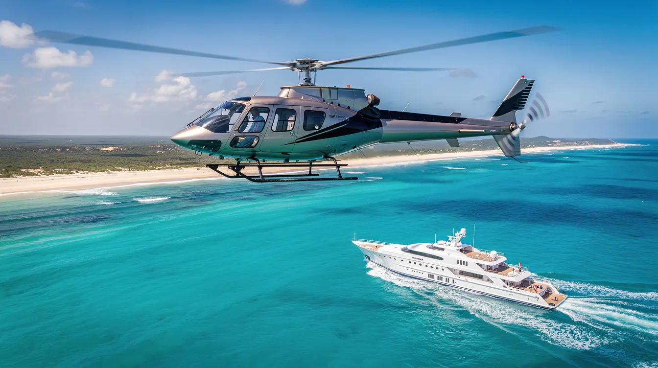 A luxury Bell 407 helicopter is flying low over stunning turquoise coastal waters, with a sleek yacht visible below, showcasing the beauty of both the aircraft and the scenic landscape. The helicopter, known for its smooth ride and powerful Rolls Royce engine, exemplifies the elegance of commercial helicopters in a picturesque setting.
