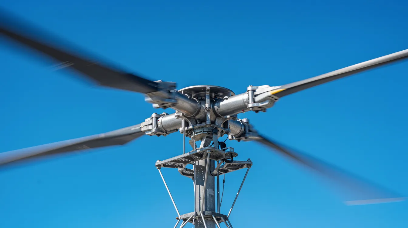 A close-up view of a four-blade rotor of a Bell 407 helicopter spins rapidly against a clear blue sky, showcasing its sleek design and powerful performance typical of this popular civil utility helicopter. The rotor's movement emphasizes the engineering behind its smooth ride and reliability in various roles, including air ambulances and commercial operations.
