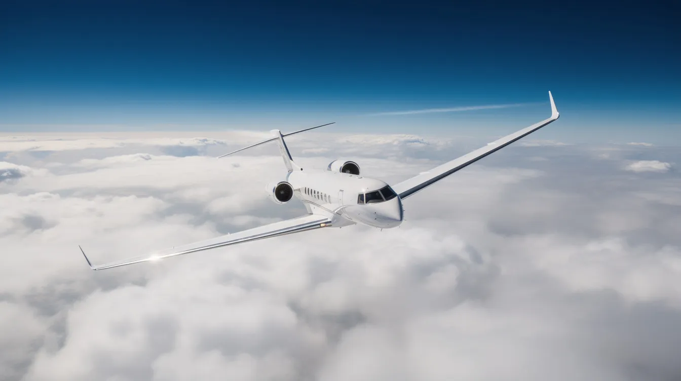 A sleek private jet soars at high altitude above a thick blanket of white clouds, set against a deep blue sky, exemplifying the dynamics of supersonic flight with its aerodynamic design and potential to reach high mach numbers. The aircraft moves gracefully through the atmosphere, where airflow accelerates and sound varies, creating an impressive scene of modern aviation.