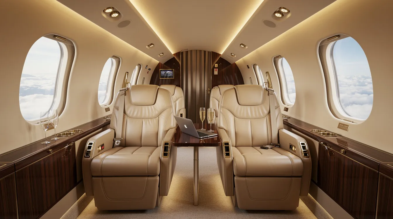 The image depicts the interior of a luxurious private jet cabin featuring plush leather seats, warm ambient lighting, and large windows that reveal fluffy clouds outside, creating a serene atmosphere for high-speed travel. This elegant space is designed for comfort and efficiency, ideal for those seeking a premium experience while flying at transonic or supersonic speeds.