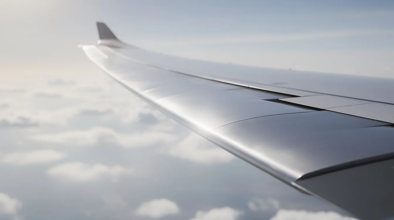 A close-up view of a jet aircraft's swept wing in flight reveals the smooth, curved leading and trailing edges, highlighting the aerodynamic design essential for achieving high subsonic and supersonic speeds. The image emphasizes how the airflow accelerates over the wing, contributing to lift and dynamic pressure changes as the aircraft approaches critical mach number.