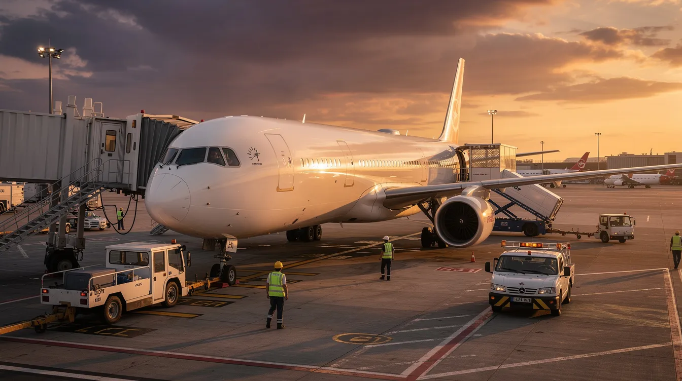 A commercial widebody aircraft, specifically a Boeing 747-400, is parked at a busy international airport gate during sunset, with ground service vehicles nearby preparing for passenger service. The scene captures the aircraft's iconic stretched upper deck and large engines, highlighting its role in accommodating commercial passengers.