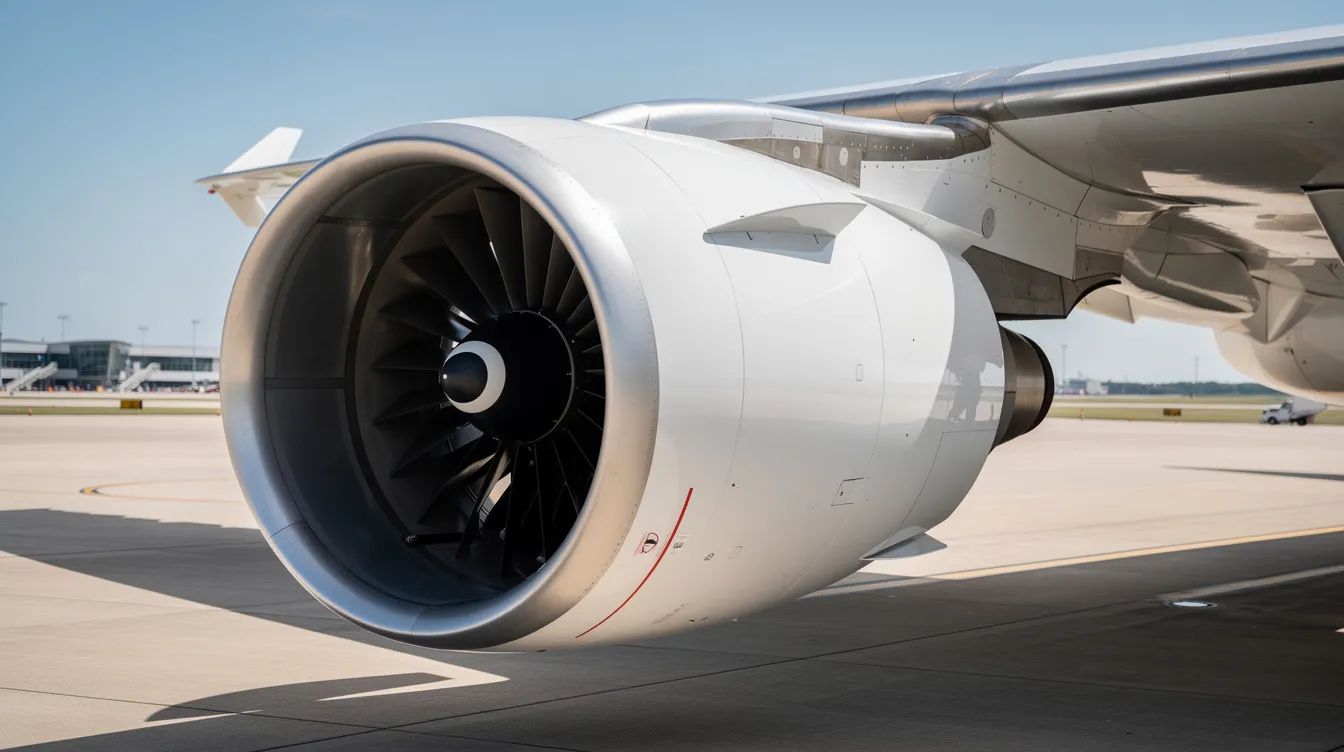 A close-up view of a large high-bypass turbofan engine, specifically a Boeing 747-400 engine, mounted beneath the starboard wing of a widebody aircraft on a sunny runway. The image highlights the engine's nacelle and the intricate details of its design, emphasizing its significance for commercial passenger flights.
