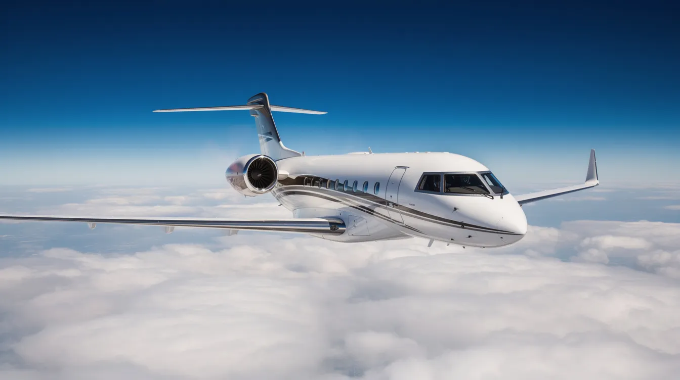 A sleek modern long-range business jet is soaring above fluffy white clouds, set against a vibrant deep blue sky. The aircraft features a streamlined design, indicative of its cruise altitude capabilities, and is equipped with advanced PW engines for efficient flight.