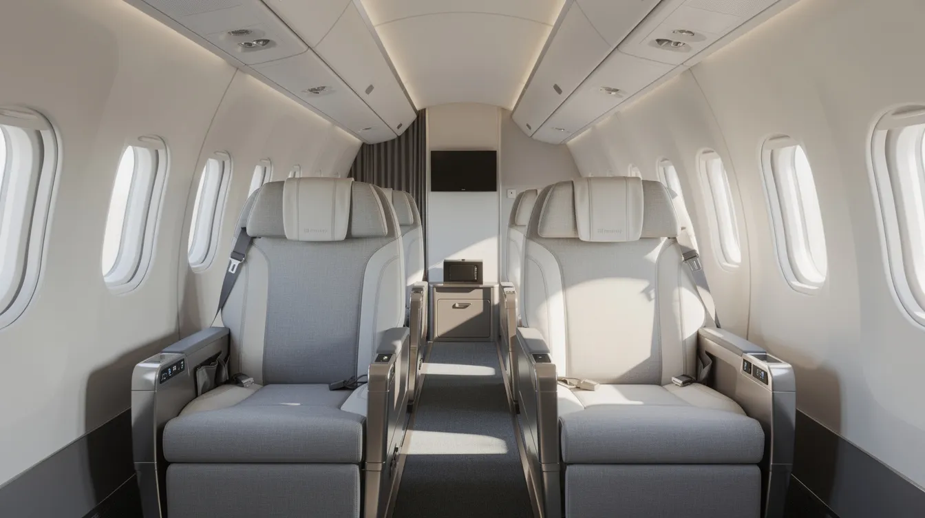 The image depicts the interior of a modern aircraft cabin featuring comfortable wide seats arranged in a two-by-two layout, with natural light streaming through large windows, highlighting the spacious interiors typical of the Embraer ERJ 190 regional aircraft. This design offers passengers an inviting atmosphere, ideal for both short hops and longer routes.