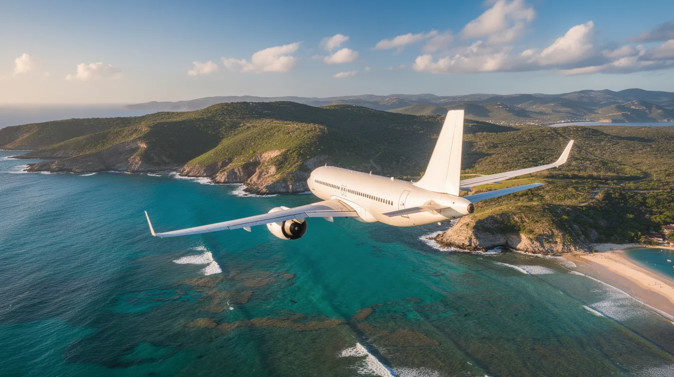 A commercial Embraer ERJ 190 aircraft is soaring high above a picturesque coastal landscape, featuring turquoise waters and lush green hills below. This regional aircraft showcases its impressive wingspan and is designed for optimal efficiency, making it ideal for both short hops and longer routes.