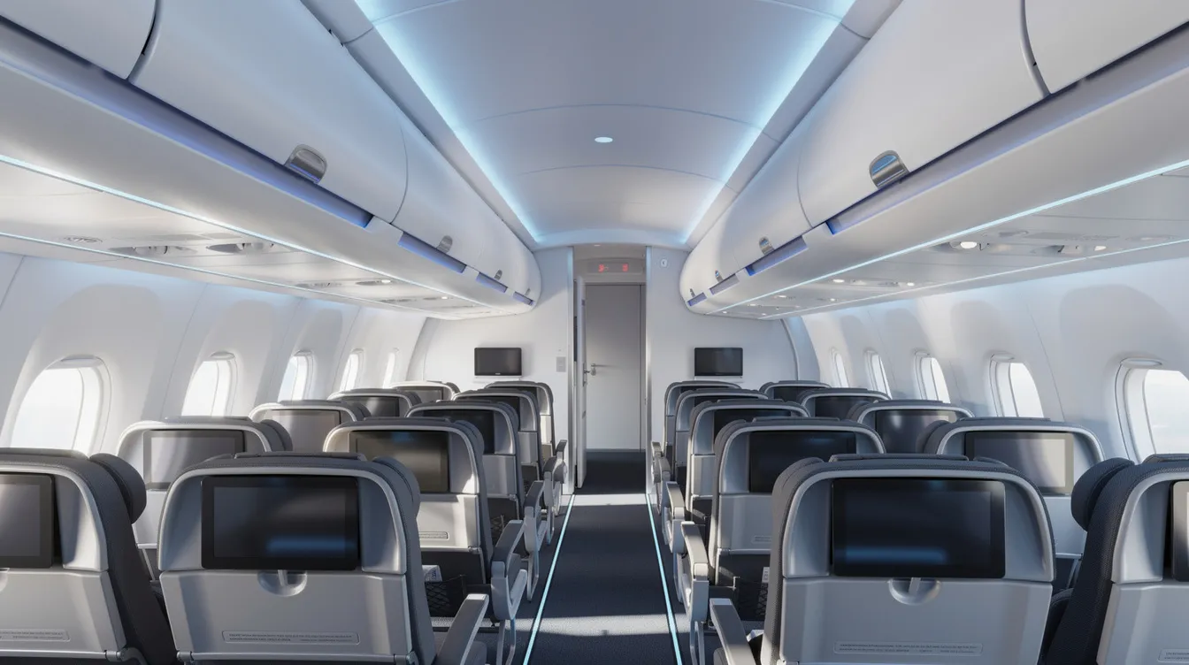 The image showcases a modern aircraft cabin interior, featuring blue LED mood lighting that enhances the ambiance, along with spacious overhead bins designed for passenger convenience. This design reflects the efficiency and comfort of contemporary airlines like Alaska Airlines, particularly in their Boeing 737 MAX configurations.