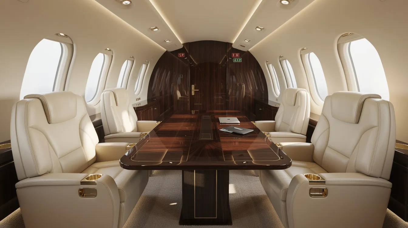 The image showcases a luxurious private jet interior featuring cream leather seating arranged around a polished wood conference table, emphasizing comfort and elegance for passengers. This cabin design highlights the sophisticated amenities typical of high-end aircraft, ideal for business or leisure flying.