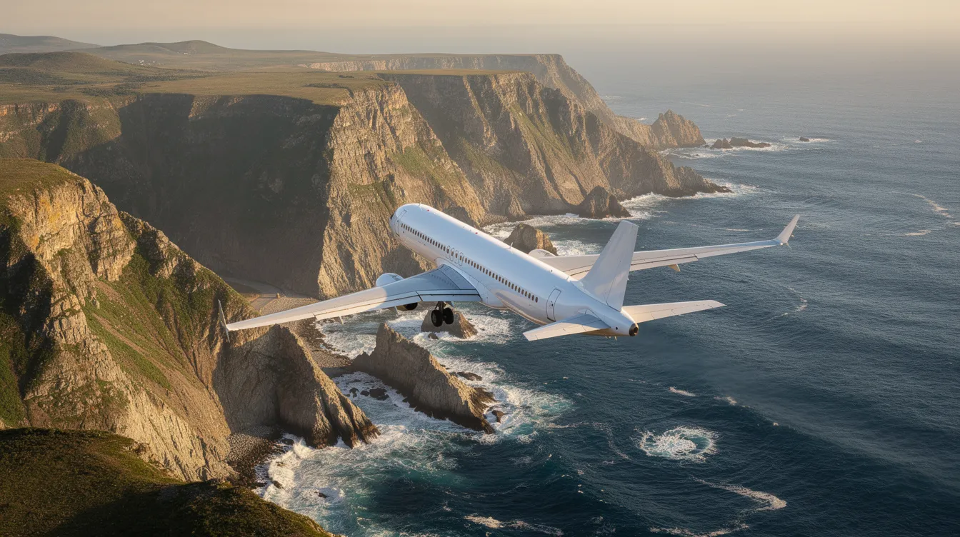 A white Boeing 737 Max commercial jet is flying over rugged coastal terrain, showcasing its sleek design and powerful engines against a backdrop of dramatic cliffs and ocean waves. The aircraft represents advancements in efficiency and longer range capabilities, highlighting the ongoing production expansion of airlines like Alaska Airlines.