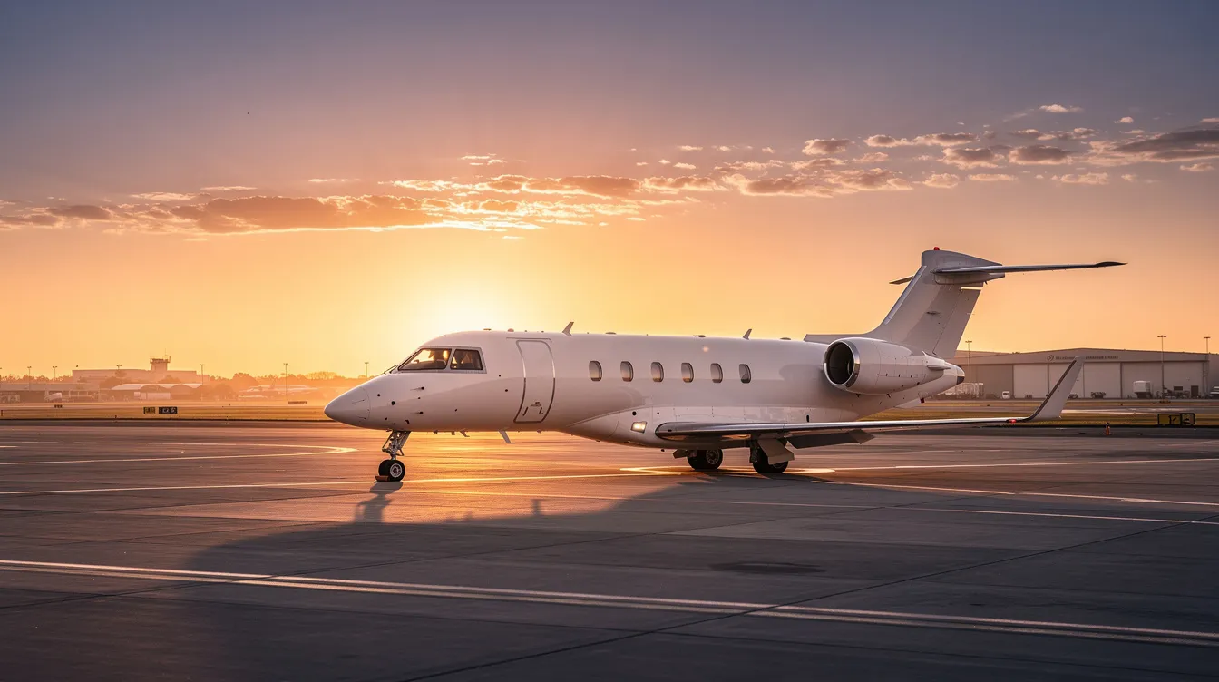 A small private jet is parked on a tarmac, bathed in the warm glow of a sunset, showcasing its sleek design and luxury features. The aircraft’s cabin layout is designed for comfort, with spacious seating and enhanced fuel efficiency, making it ideal for medium haul routes.
