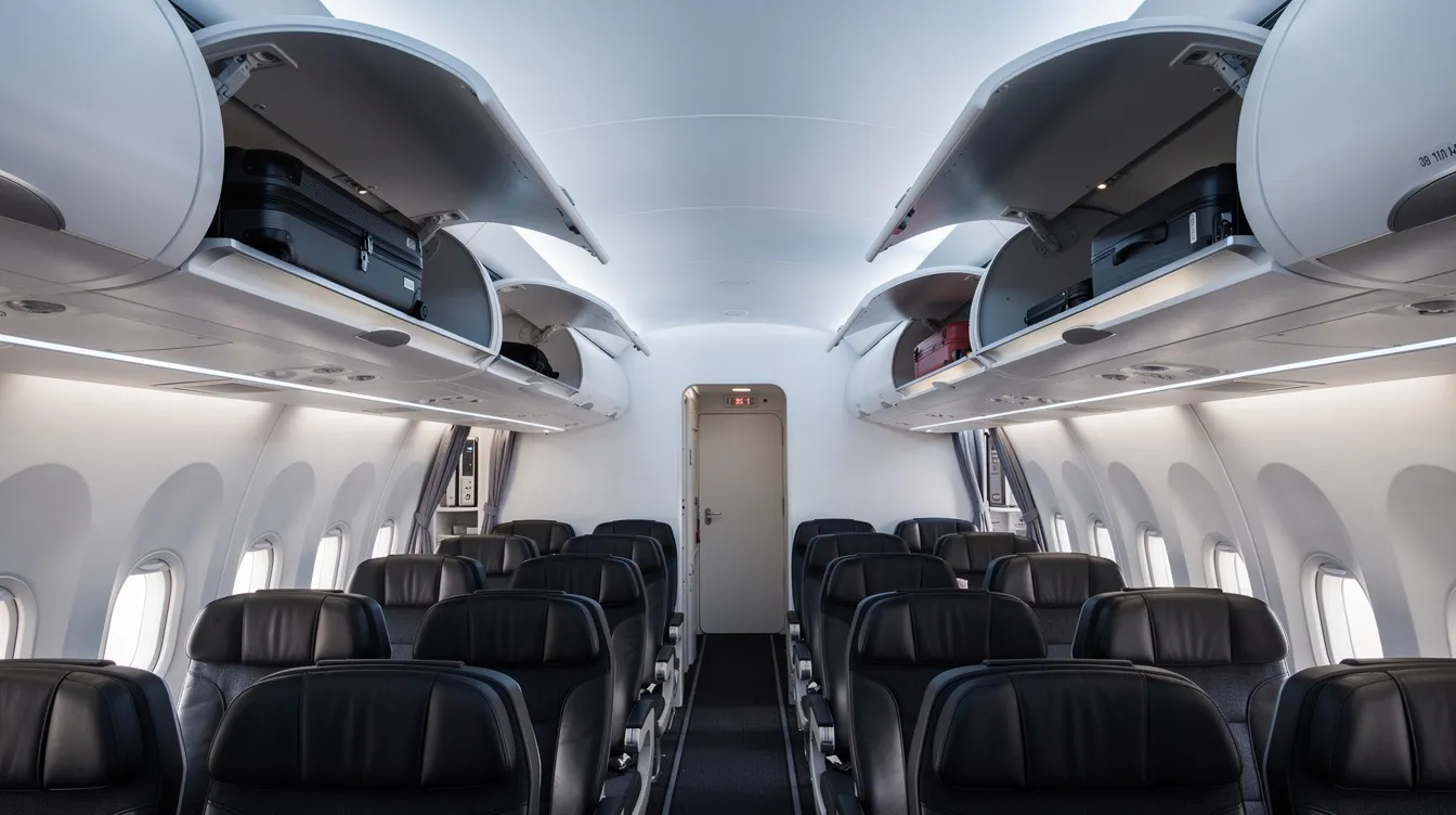 The image shows the interior of a modern Boeing 737 900 aircraft, featuring open overhead bins illuminated by ambient cabin lighting. The larger overhead bins enhance passenger convenience, while the overall cabin layout reflects a focus on comfort and efficiency for travelers.