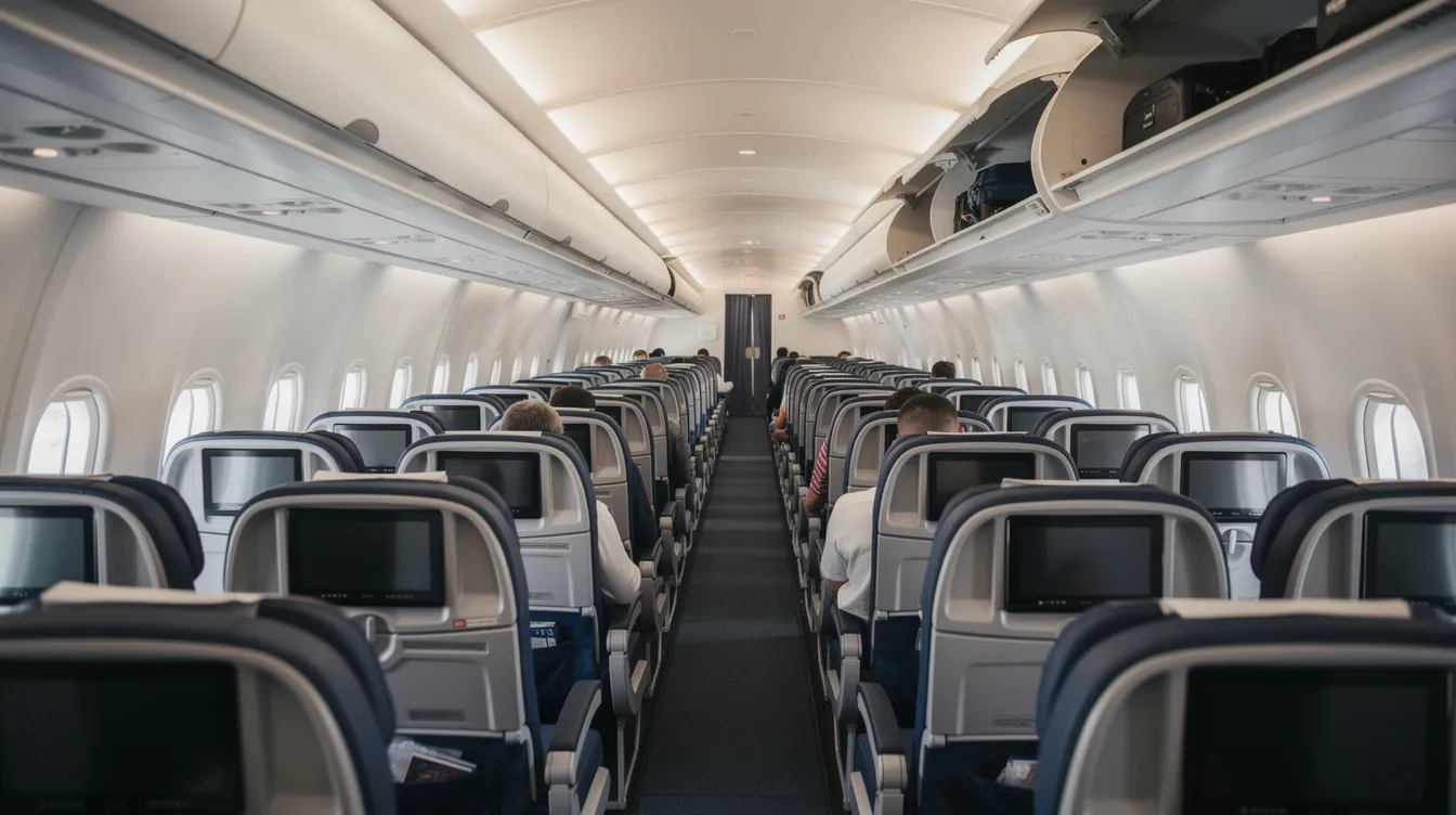 The image shows the interior of a Boeing 737 900 airplane cabin, featuring rows of seats arranged toward the back, with a focus on the spacious cabin layout and larger overhead bins. Passengers can enjoy modern amenities such as seatback power outlets and USB ports, enhancing their comfort during medium haul flights.