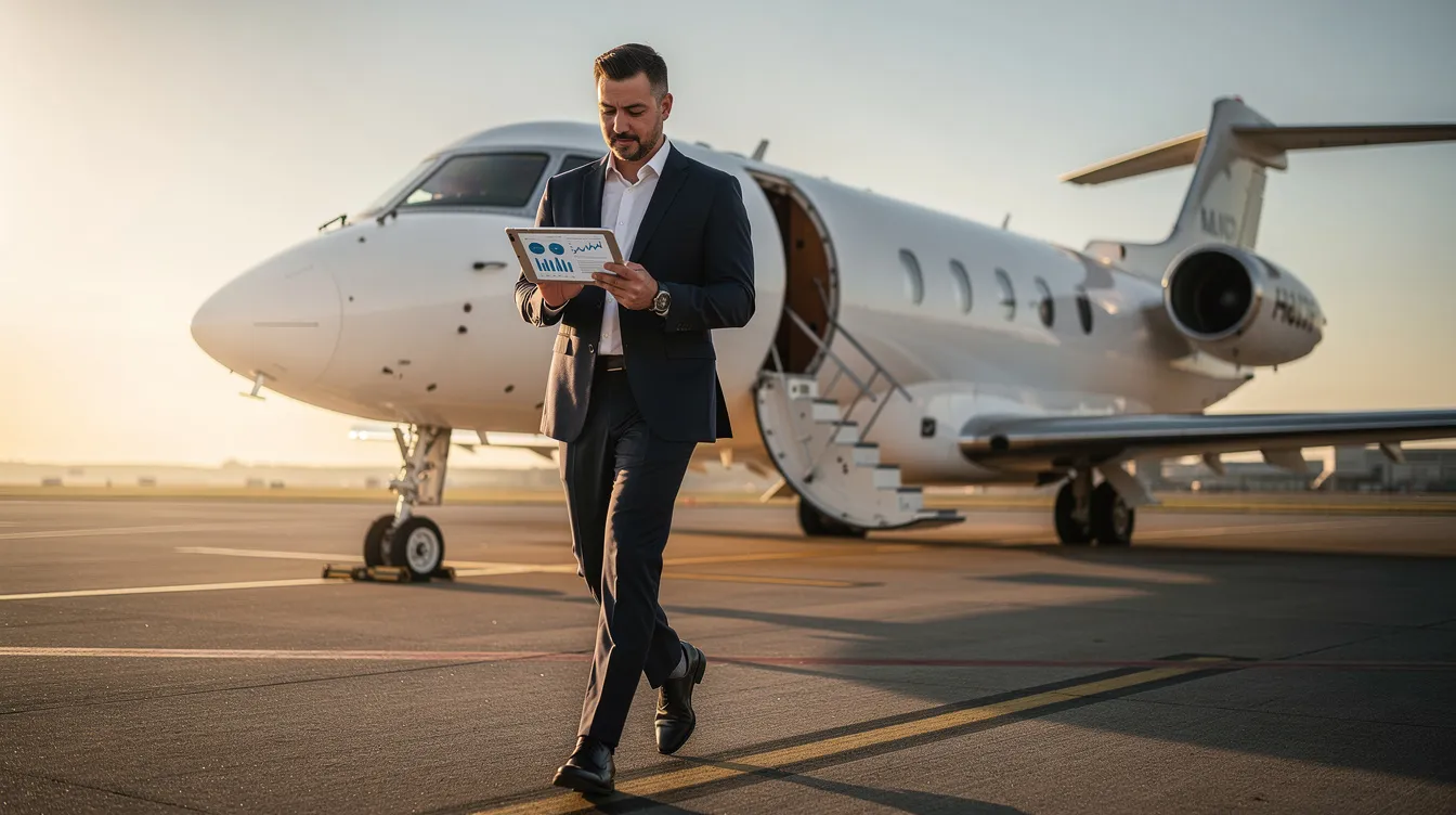A business professional is seen walking towards a waiting private jet on a runway, intently reviewing a tablet screen that likely contains information about private aviation options, including costs associated with fractional jet ownership and jet card programs. The sleek design of the private jet, possibly a Phenom 300, emphasizes the luxury and efficiency of private jet travel.