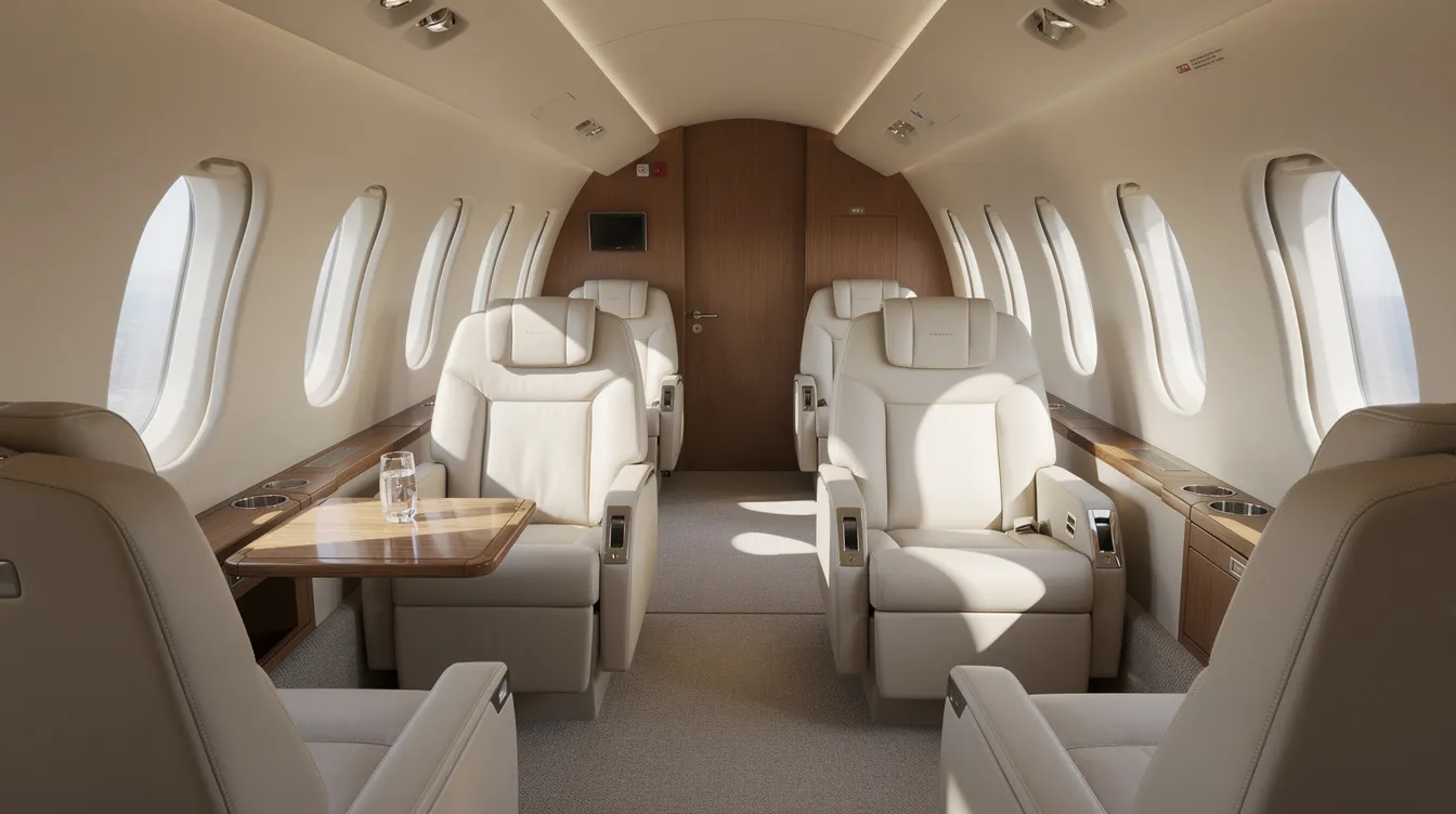 The image depicts the interior of a light private jet cabin, featuring cream leather club seats and illuminated by natural light streaming through oval windows. This luxurious space is designed for comfort and elegance, ideal for private jet travel with up to six passengers.
