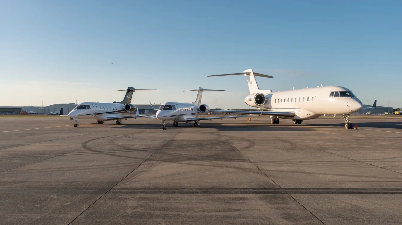 The image shows three private jets of varying sizes parked in a row on a spacious airfield, with a clear blue sky overhead. This scene highlights the diversity in private aviation, showcasing options for fractional jet ownership and the luxury of private jet travel.