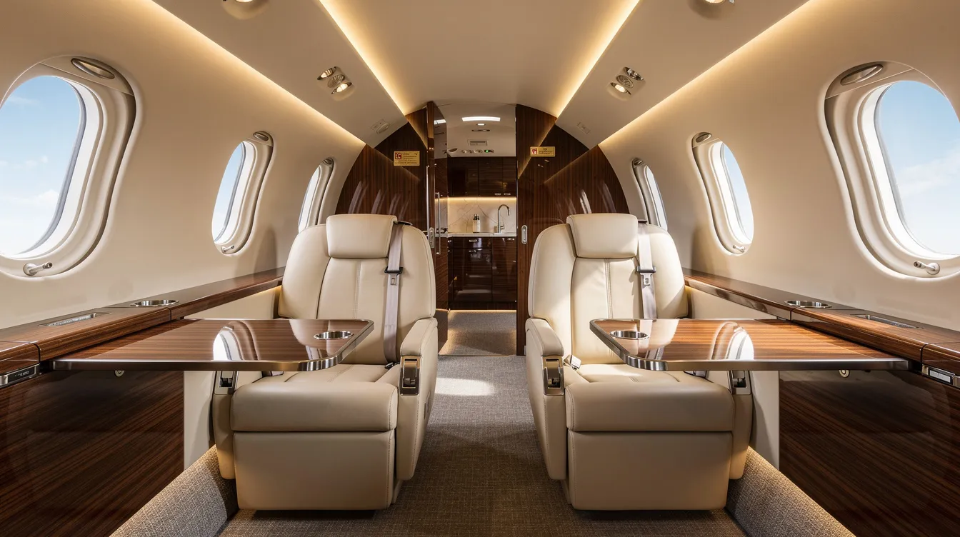 The image showcases the luxurious interior of a midsize private jet cabin, featuring cream leather seats complemented by elegant wood grain accents. This opulent setting highlights the comfort and sophistication often associated with private air travel, where considerations like jet fuel prices and related data can impact overall costs.