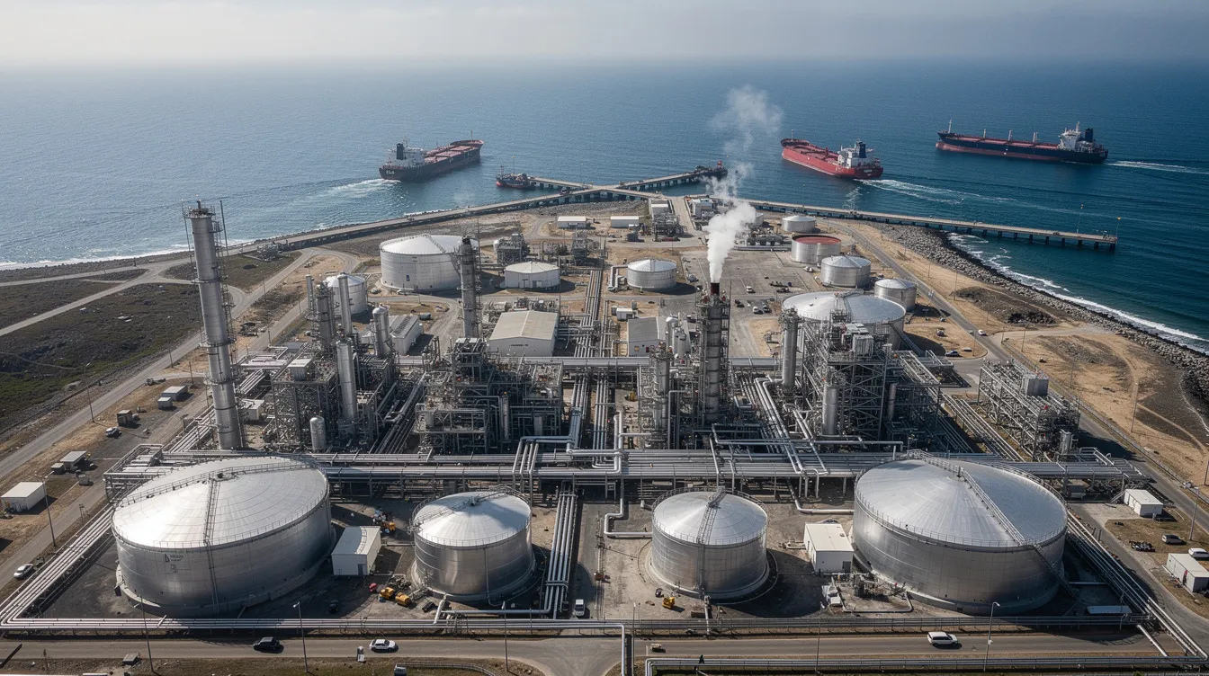 An aerial view captures a sprawling oil refinery complex situated near a coastline, with several tanker ships anchored in the water. This scene highlights the vital infrastructure involved in the production and distribution of fuel, including jet fuel, which is closely tied to current jet fuel spot prices and fuel prices per gallon.
