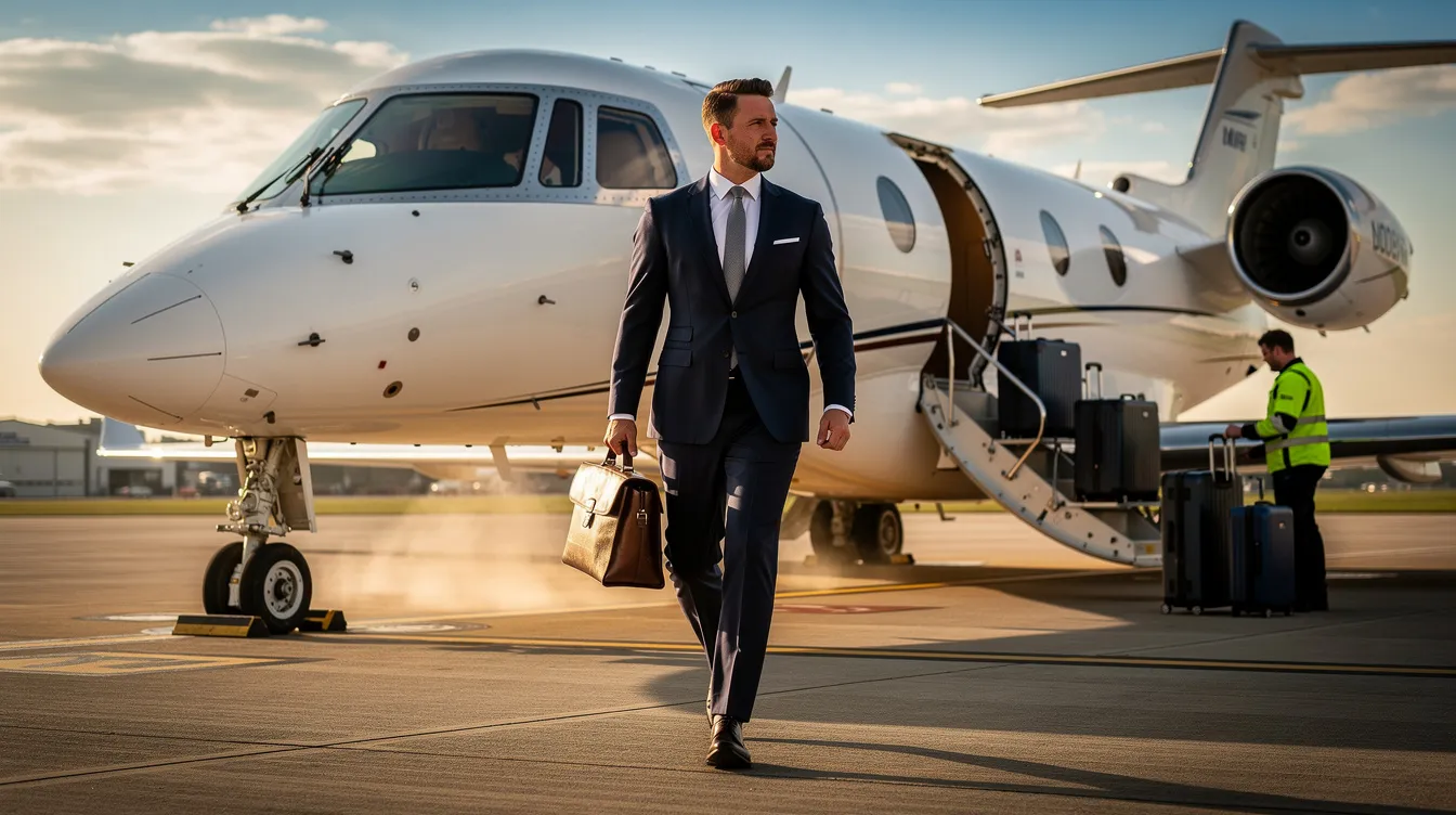 A well-dressed executive strides confidently toward a private jet on a sunlit runway, while in the background, luggage is being loaded, highlighting the luxurious travel experience often associated with fluctuating jet fuel prices. The scene evokes a sense of sophistication and the importance of related data like fuel prices per gallon in the aviation industry.