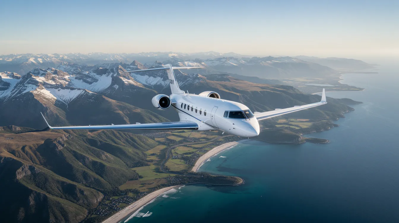 A sleek private jet soars high above a stunning landscape, showcasing a mix of rugged mountains and picturesque coastline under a bright blue sky. The scene captures the essence of luxury travel, while subtly hinting at the importance of jet fuel prices in the aviation industry.