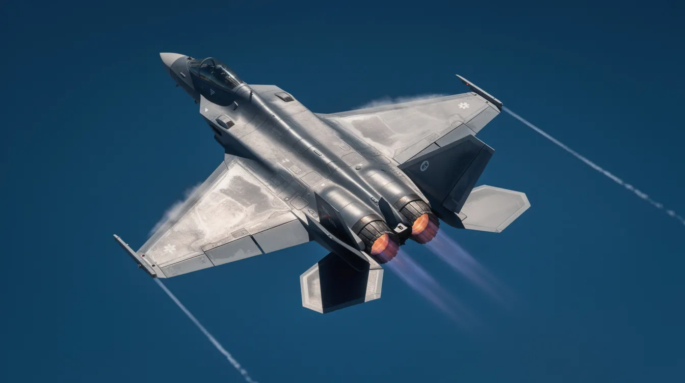 A modern fighter jet is seen climbing steeply through a clear blue sky, showcasing the impressive capabilities of military aviation. This image highlights the skill and training of fighter jet pilots, who often serve in the US Air Force and command higher salaries due to their rigorous training and responsibilities.