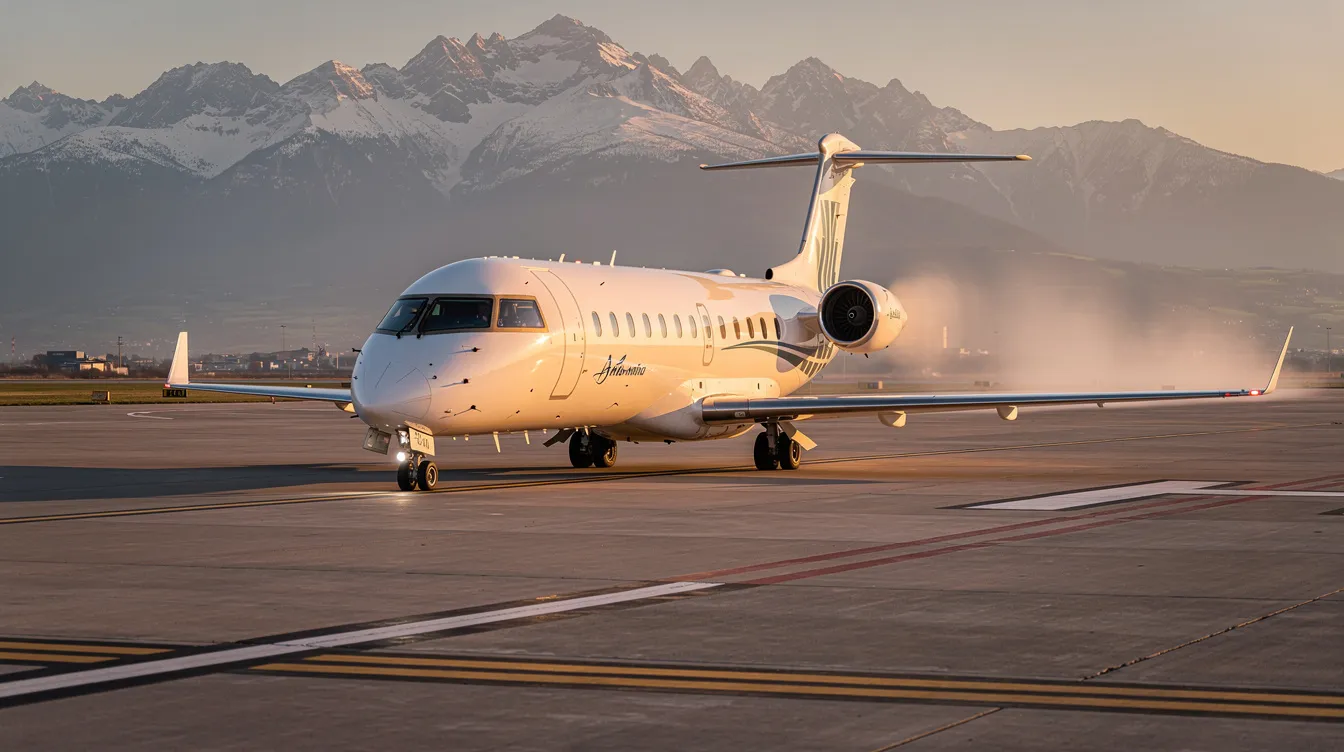 A regional jet aircraft is taxiing on a runway during golden hour, with majestic mountains in the background. The warm light enhances the scene, highlighting the aircraft's sleek design as it prepares for a flight with SkyWest Airlines.
