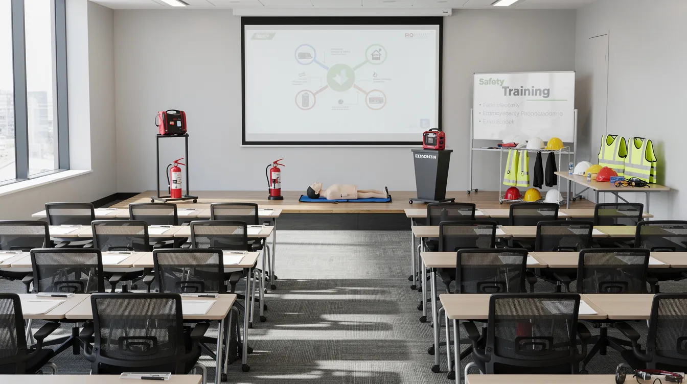 The image depicts a training classroom designed for new hire flight attendants, featuring rows of seats arranged for instruction and various safety equipment demonstrations, including emergency exits and medical emergency tools. This environment is essential for teaching SkyWest employees about safety regulations and operational procedures in their flight attendant training.