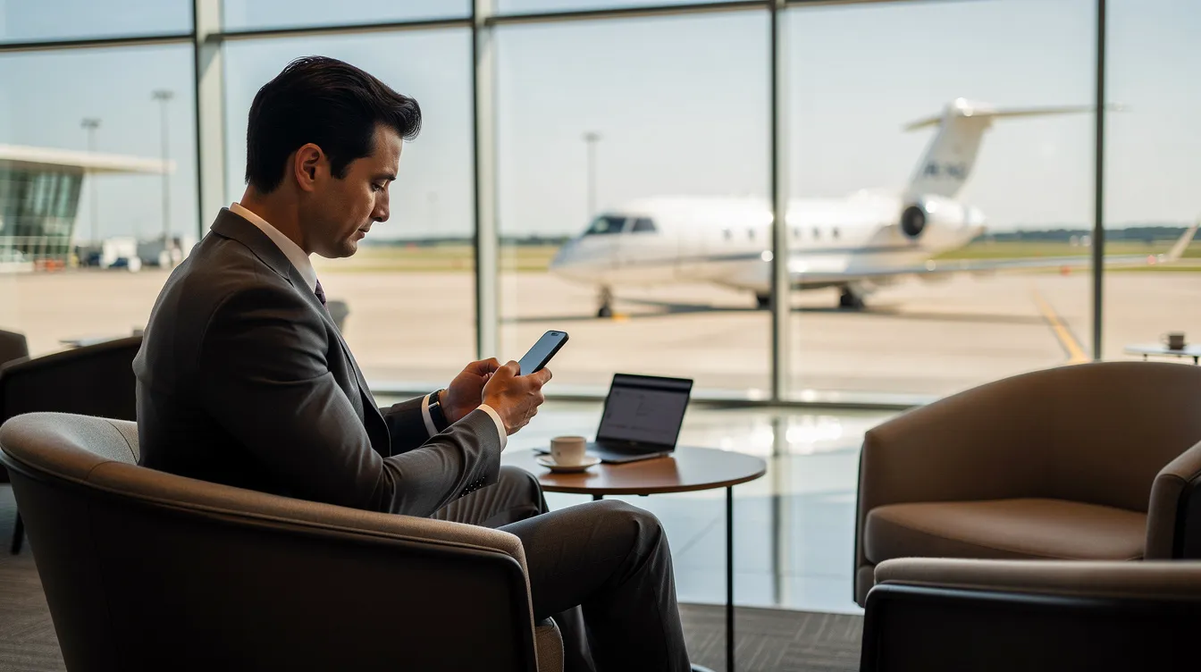 A professional is seated in an airport lounge, engaged with a smartphone while a luxurious private jet is visible through the expansive floor-to-ceiling windows, highlighting the allure of private aviation and charter flights. The scene captures the essence of private jet travel, showcasing the convenience and comfort of flying private.