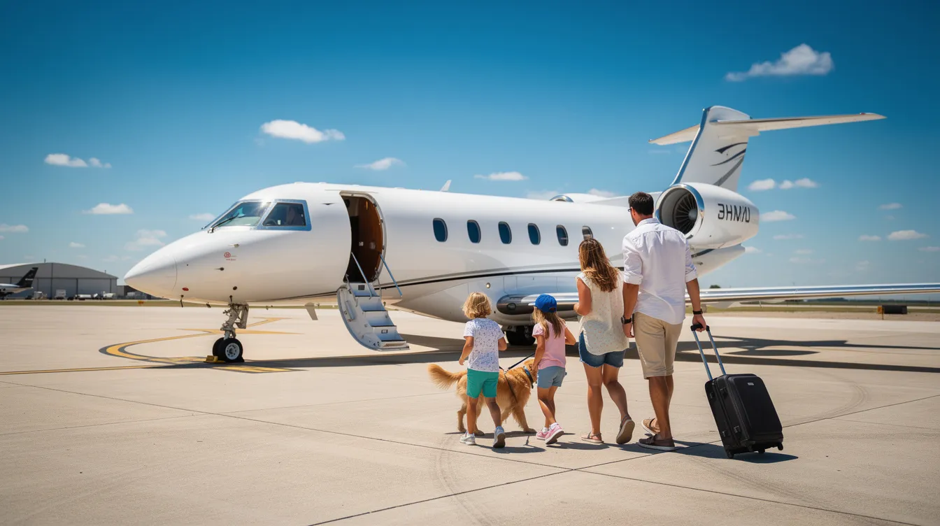 A family with children and a dog is walking across a private aviation tarmac towards a midsize jet on a clear day, highlighting the convenience and luxury of private jet travel. This scene captures the essence of private jet charter experiences, showcasing the ease of access to private flights for families and their pets.